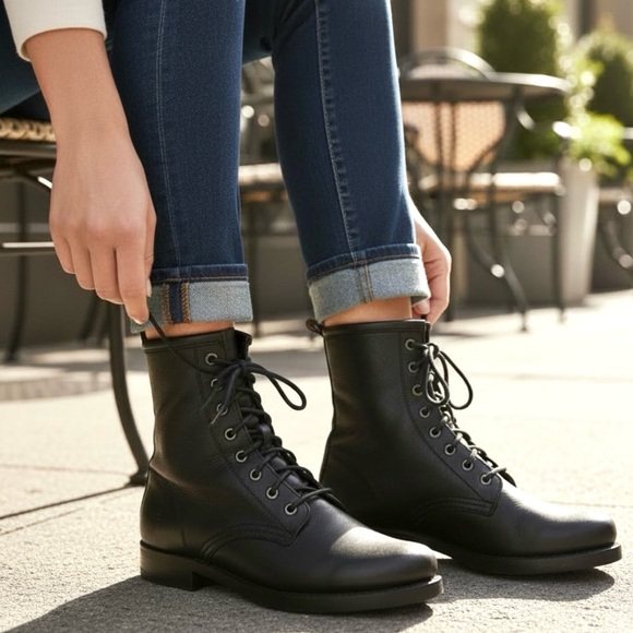 FRYE Veronica Flex Black Leather Combat Boot Size 6.5 Lace-ups - Picture 2 of 16